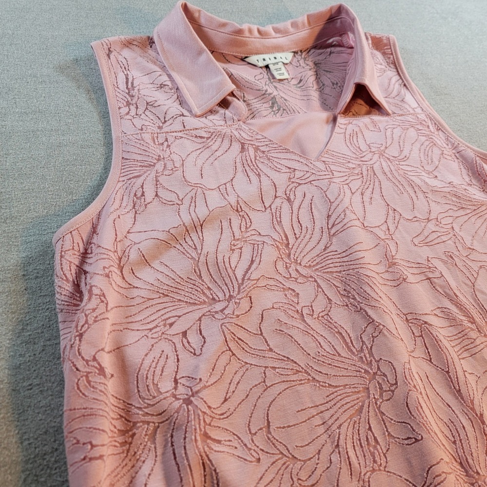 Tribal Sleeveless Polo Women M Pink Excellent Burnout Floral V-Neck Top 803